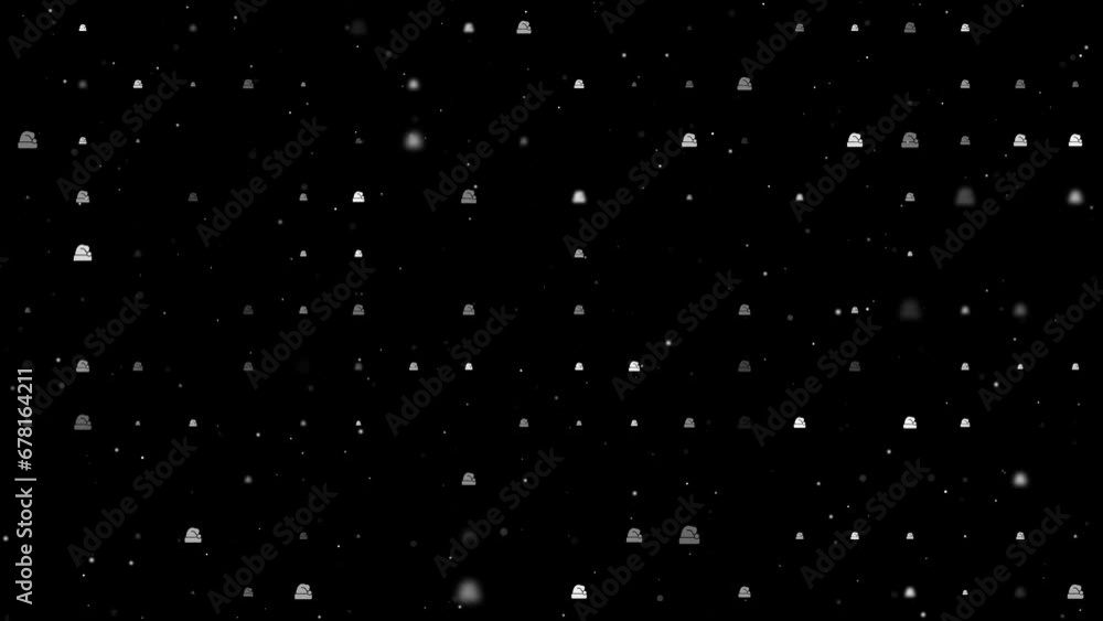 Poster template animation of evenly spaced santa claus hat symbols of different sizes and opacity. animatio