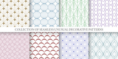 Collection of elegant color ornamental seamless vector geometric patterns. Fashion art deco ornate decorative backgrounds. Repeatable textile prints