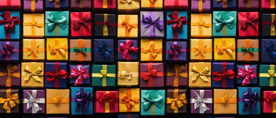 Colorful gift boxes with ribbons and bows on a black background.