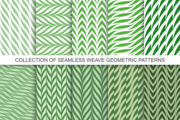 Collection of green floral decorative seamless geometric patterns. Weave striped textures. Abstract ornamental contemporary backgrounds