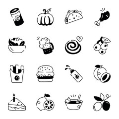 Bundle of Organic and Fast Food Hand Drawn Icons 

