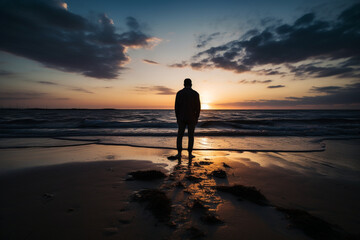 Sad man silhouette worried on the beach