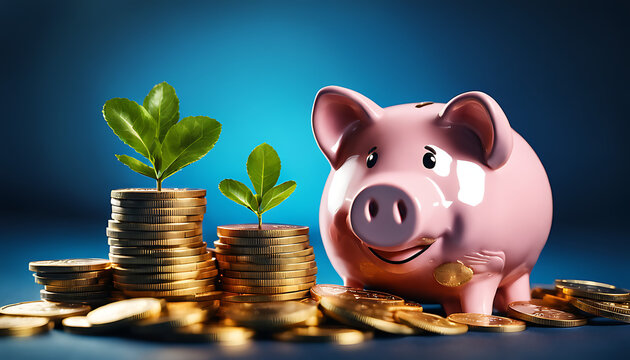 Isolated on a blue backdrop is a happy pink pig piggy bank with a stack of gold coins and a green plant in growth