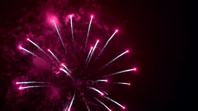 Best beautiful color fireworks in night sky. Slow motion, outdoor, show, event, party, festive, holiday, effect, bright, light, flash, shiny, fun, dark, motion, view, shot, close up, hd. ProRes 422 HQ