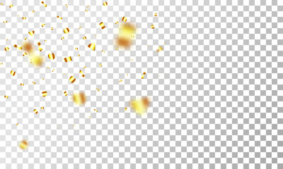 3D Party Gold Confetti on Transparent Background. Render Golden Confetti in Empty Space. Metal Firecracker Elements in Various Shapes. Party, Holyday, Surprise or Birthday Events. Vector Illustration