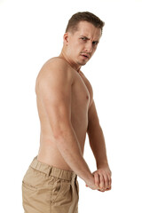 Fototapeta premium young man showing his bicep over white background