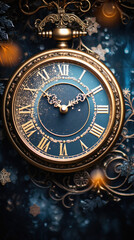 Fototapeta na wymiar Vintage clock on the background of Christmas decorations. New Year.
