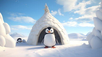 Cartoon penguin near the igloo  - obrazy, fototapety, plakaty