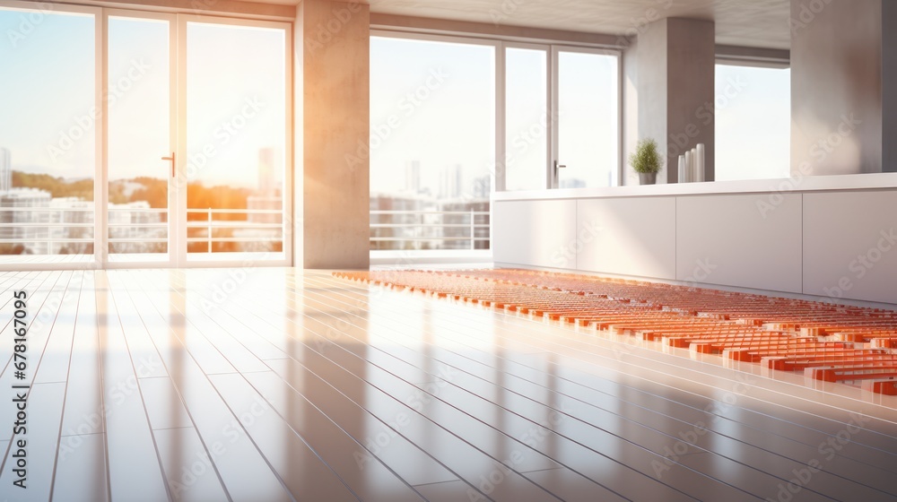 Aufkleber a radiant floor heating system installation in progress presented in realistic beiges and whites bac