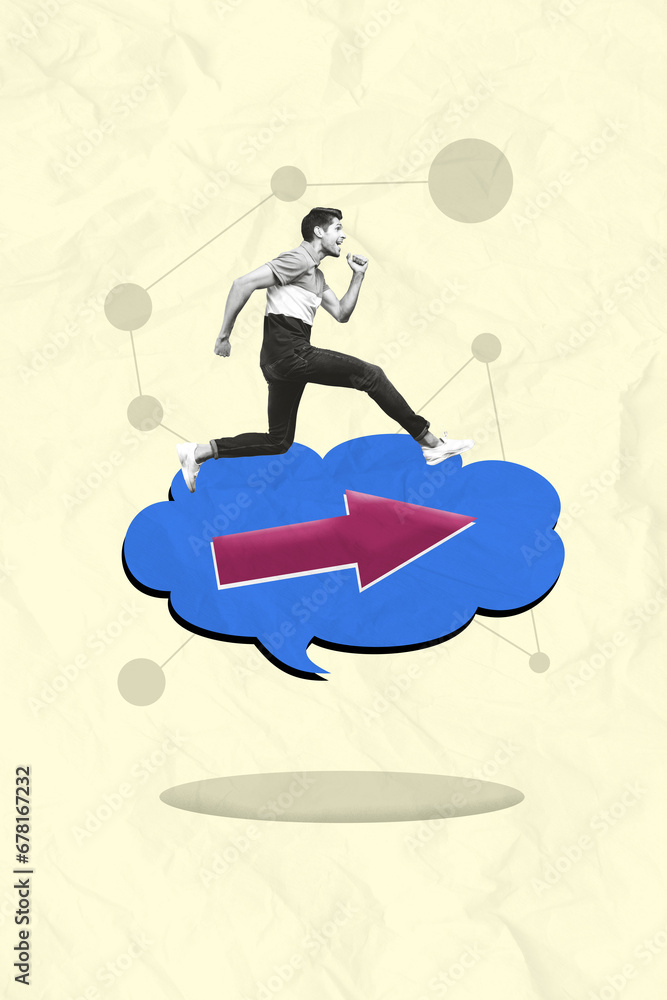 Poster placard collage of successful persistent man running fats forward dream success isolated on drawing 