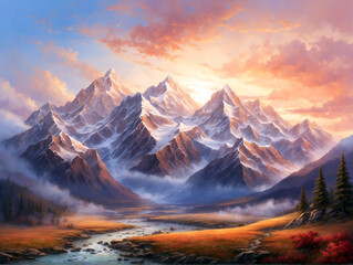 the majestic peaks at sunrise, painting the mountain landscape in warm hues