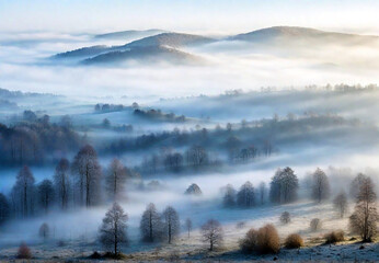 Obraz na płótnie Canvas Misty landscape forest in the morning with morning sunlight between the hills mixed with winter nuances
