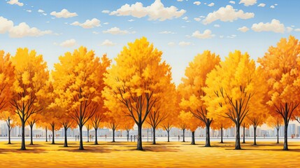 Autumn Serenade: A Symphony of Golden Foliage Under a Bright, Cloud-Adorned Sky