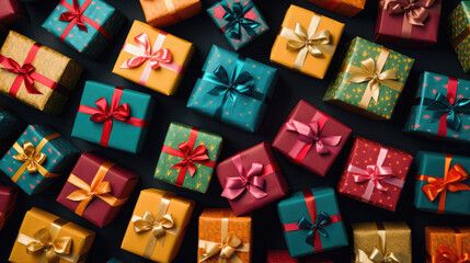Top view of colorful gift boxes on black background. Christmas or birthday concept.