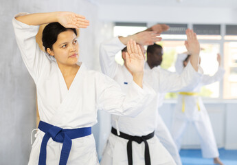 Sedulous middle-aged female practitioner of karate courses performing fighting positions during...