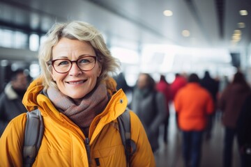 Portrait of a happy woman in her 50s wearing a warm parka against a busy airport terminal. AI...