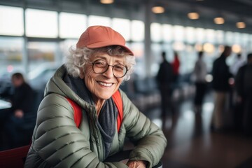 Portrait of a cheerful woman in her 80s wearing a zip-up fleece hoodie against a busy airport terminal. AI Generation