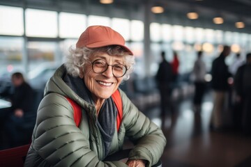 Fototapeta premium Portrait of a cheerful woman in her 80s wearing a zip-up fleece hoodie against a busy airport terminal. AI Generation