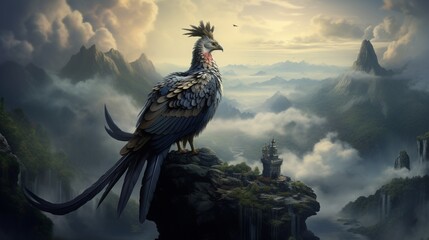 A crown bird perched on a cliff edge, overlooking a vast valley filled with mist and mystery.