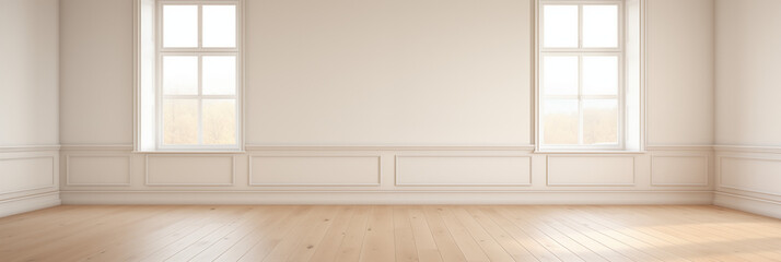 Empty white room with white wall, wooden floor and big window. Studio or office blank space. Empty template for interior product. Background for branding design showcase with copy space - obrazy, fototapety, plakaty