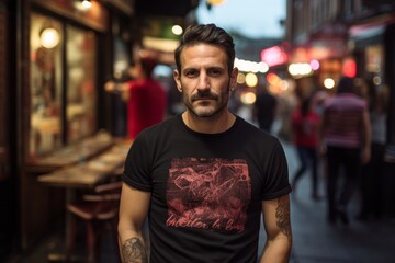 Obraz premium Portrait of a glad man in his 30s sporting a vintage band t-shirt against a bustling city cafe. AI Generation