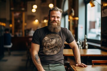 Portrait of a glad man in his 30s sporting a vintage band t-shirt against a bustling city cafe. AI Generation