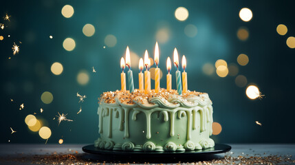 beautiful birthday retro green cake with cream and candles