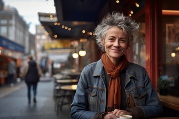 Portrait of a content woman in her 50s sporting a rugged denim jacket against a bustling city cafe....