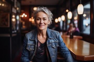 Portrait of a content woman in her 50s sporting a rugged denim jacket against a bustling city cafe. AI Generation - obrazy, fototapety, plakaty