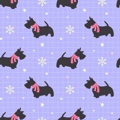 Winter seamless pattern with Scottish terrier on blue checkered background. Merry Christmas and Happy new year. - obrazy, fototapety, plakaty