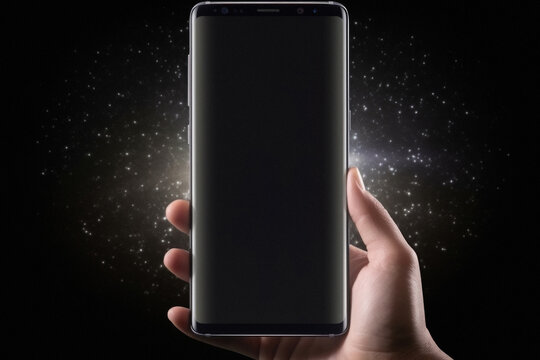 Modern mobile phone in hand on dark background.
