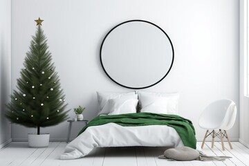 Cozy light room decorated with garlands and fir trees for Christmas. New year mood. White bedroom decor for winter holiday