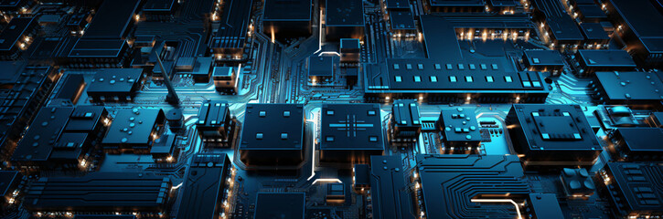 high-tech supercomputer cpu, futuristic technology background with complex shapes, blue glowing circuit board design
