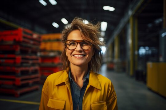 Portrait Of A Grinning Woman In Her 40s Wearing A Trendy Sunglasses Against A Bustling Factory Floor. AI Generation