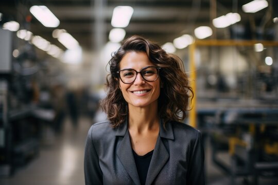 Portrait Of A Grinning Woman In Her 40s Wearing A Trendy Sunglasses Against A Bustling Factory Floor. AI Generation