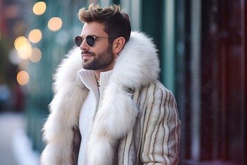 a stylish guy in a faux fur coat - obrazy, fototapety, plakaty