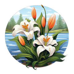 Round Lily Sticker Illustration Vector Design Isolated on Transparent or White Background, PNG