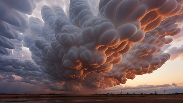 A dramatic skyscape of mammatus clouds, their unique pouch-like structures hinting at turbulent weather.