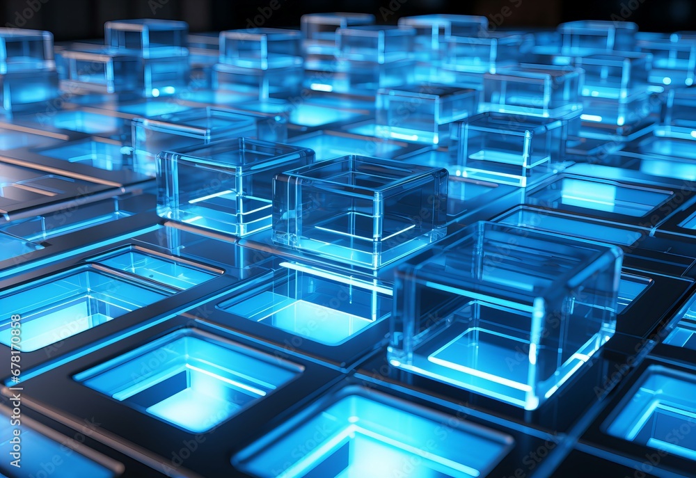 Poster glowing blue cubic structures on a futuristic grid representing innovative technology and connectivi