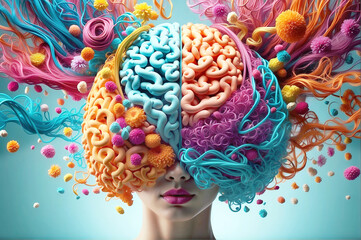 Human brain activity and mental health concept, woman with vibrant hair and a brain, symbolizing creativity and intellect - obrazy, fototapety, plakaty