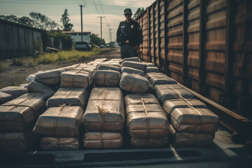 Drug trafficking Police stopped. Criminals transporting consignment of drugs. Police arest and seized a shipment of drugs, stopped drug courier, drug dealer, drug trafficker. Border custom control. - obrazy, fototapety, plakaty