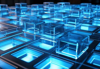 Glowing Blue Cubic Structures on a Futuristic Grid Representing Innovative Technology and Connectivity
