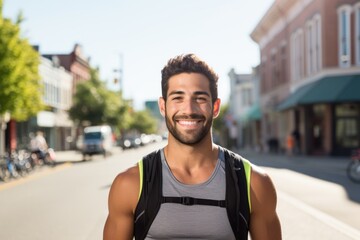 Portrait of a content man in his 30s wearing a lightweight running vest against a charming small town main street. AI Generation