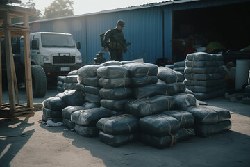 Drug trafficking Police stopped. Criminals transporting consignment of drugs. Police arest and seized a shipment of drugs, stopped drug courier, drug dealer, drug trafficker. Border custom control. - obrazy, fototapety, plakaty