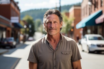 Obraz premium Portrait of a content man in his 50s sporting a breathable hiking shirt against a charming small town main street. AI Generation