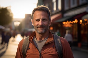 Portrait of a content man in his 50s sporting a breathable hiking shirt against a charming small town main street. AI Generation
