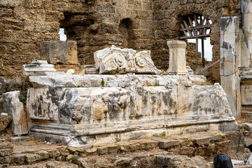 The Ancient City of Side. Port. Peninsula. Turkey. Manavgat. Antalya. The largest amphitheater in Turkey. The main street of the ancient city. Mediterranean Sea. 