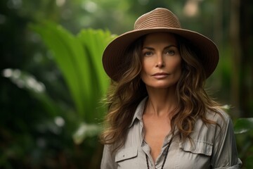 Portrait of a blissful woman in her 40s wearing a rugged cowboy hat against a lush tropical rainforest. AI Generation