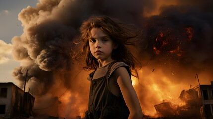 Little scared girl running street near huge explosion. War catastrophe concept