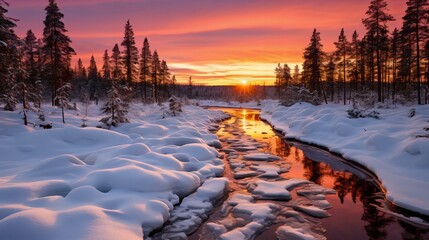 Winter Wonderland at Sunset with Snow-Covered Trees and a Meandering Stream Reflecting Warm Light